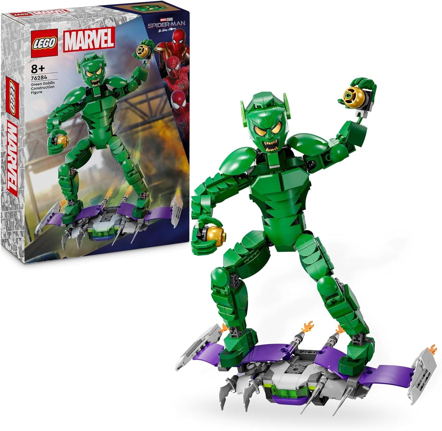 LEGO Marvel's Figura de construcción del Duende Verde, juguete de construcción de supervillano articulado para niños, niños y niñas a partir de 8 años, con planeador y bombas de calabaza, idea de regalo de superhéroe 76284