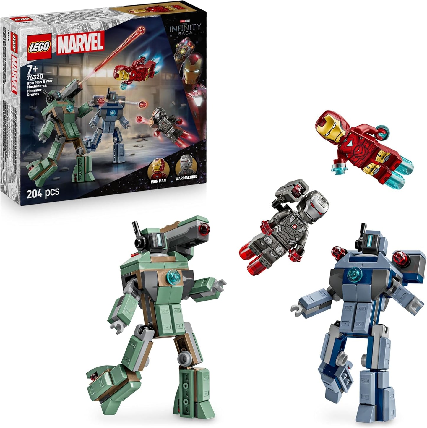 LEGO ǀ Marvel Homem de Ferro e Máquina de Combate vs. Drones Hammer - Brinquedo de Construção com 2 Minifiguras e 2 Figuras de Ação com Disparadores de Peças - Presente de Super-Herói para Meninos a partir de 7 Anos - 76320