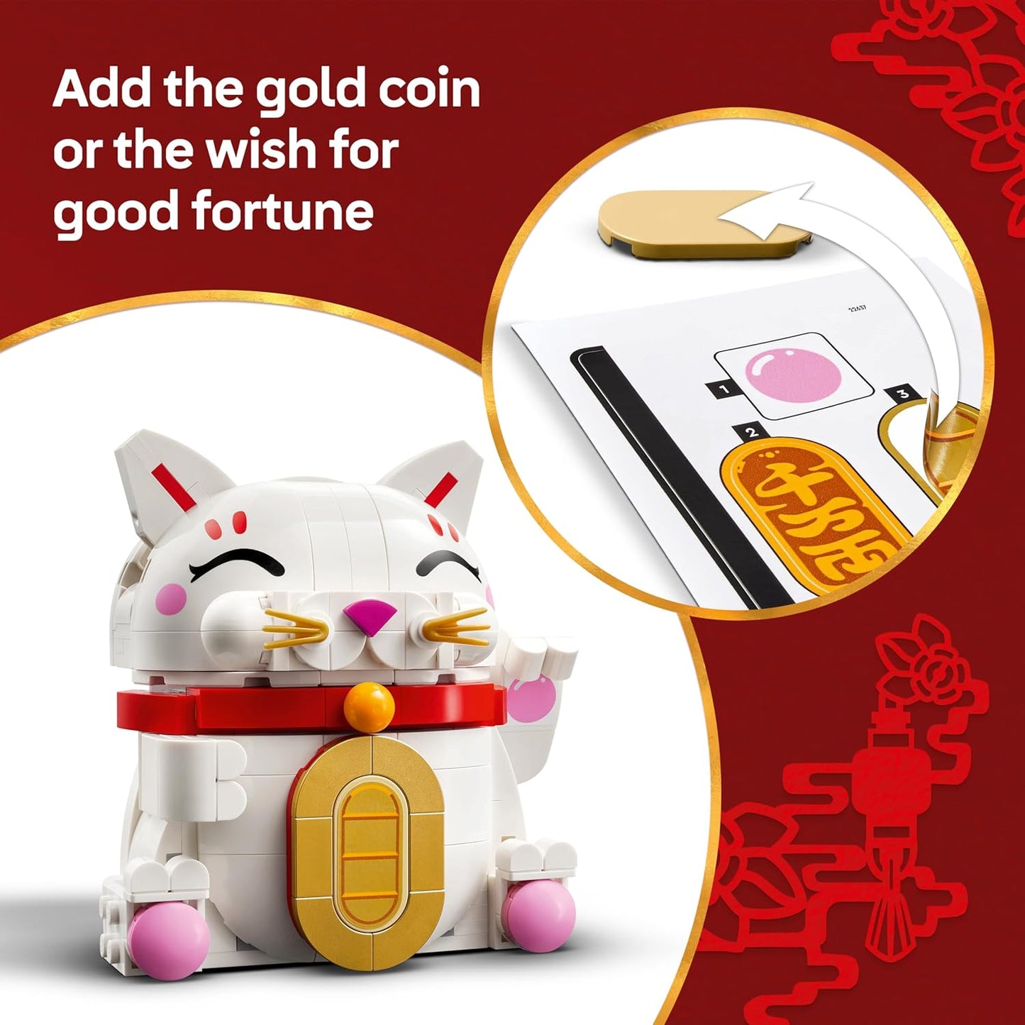 LEGO Gato da Sorte - Conjunto de Construção para Crianças e Adultos - Kit de Modelo para Exibição, incluindo uma Figura de Animal com Pata Acenando, além de Moeda de Ouro e Decorações de Desejo - Ideia de Presente para o Festival da Primavera - 40813