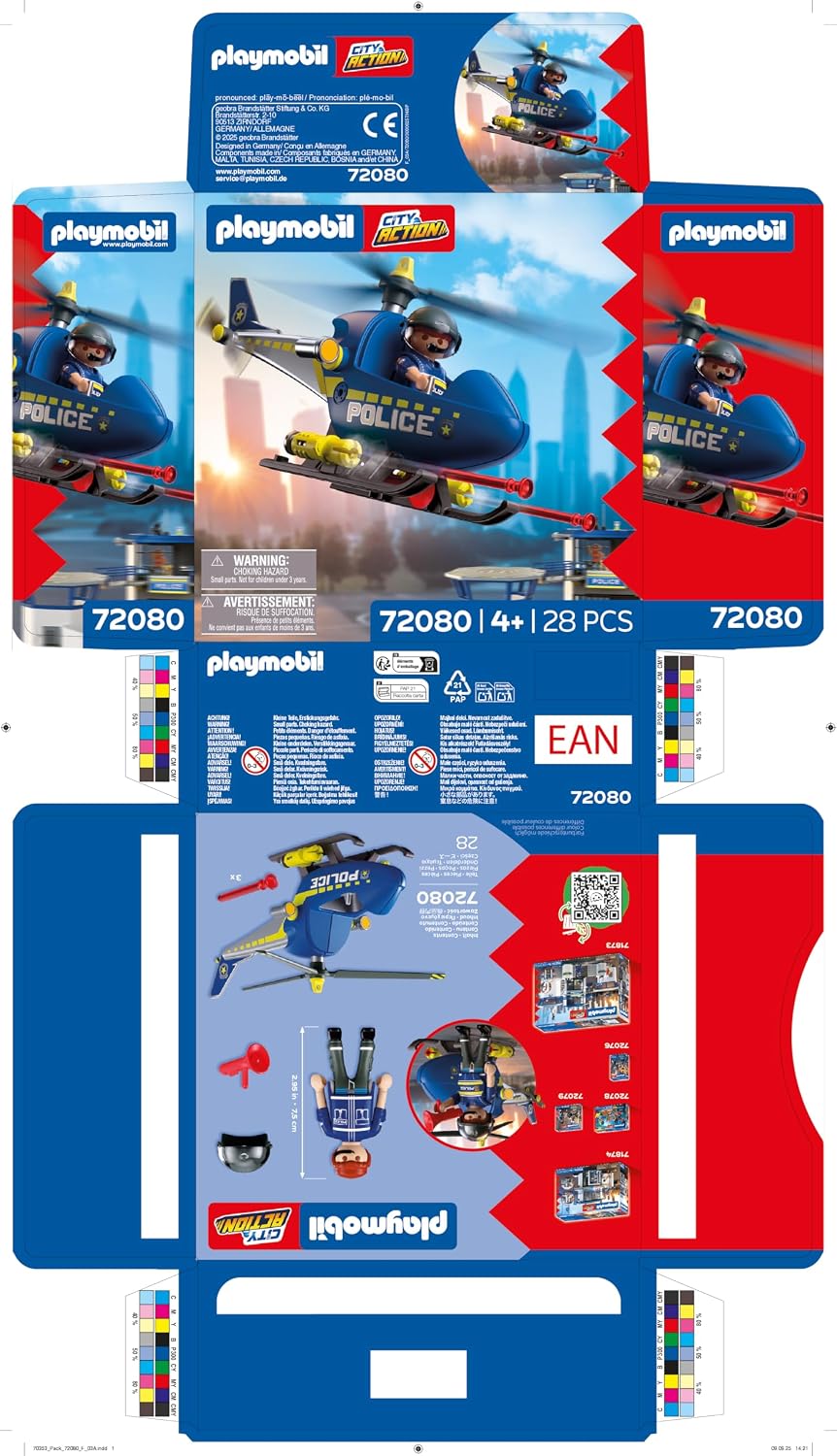 Playmobil Helicóptero de Polícia City Action, com policial, rotores giratórios e função de disparo, diversão sem fim, brinquedo para crianças a partir de 4 anos, 72080