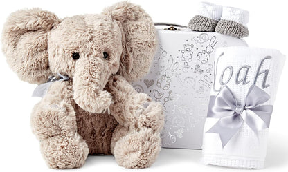 Presentes personalizados para bebês - Cesta para recém-nascidos em caixa de lembranças branca, inclui edredom de zebra para bebês, caixa de bebê, conjunto de presentes para recém-nascidos - 3 itens essenciais para bebês