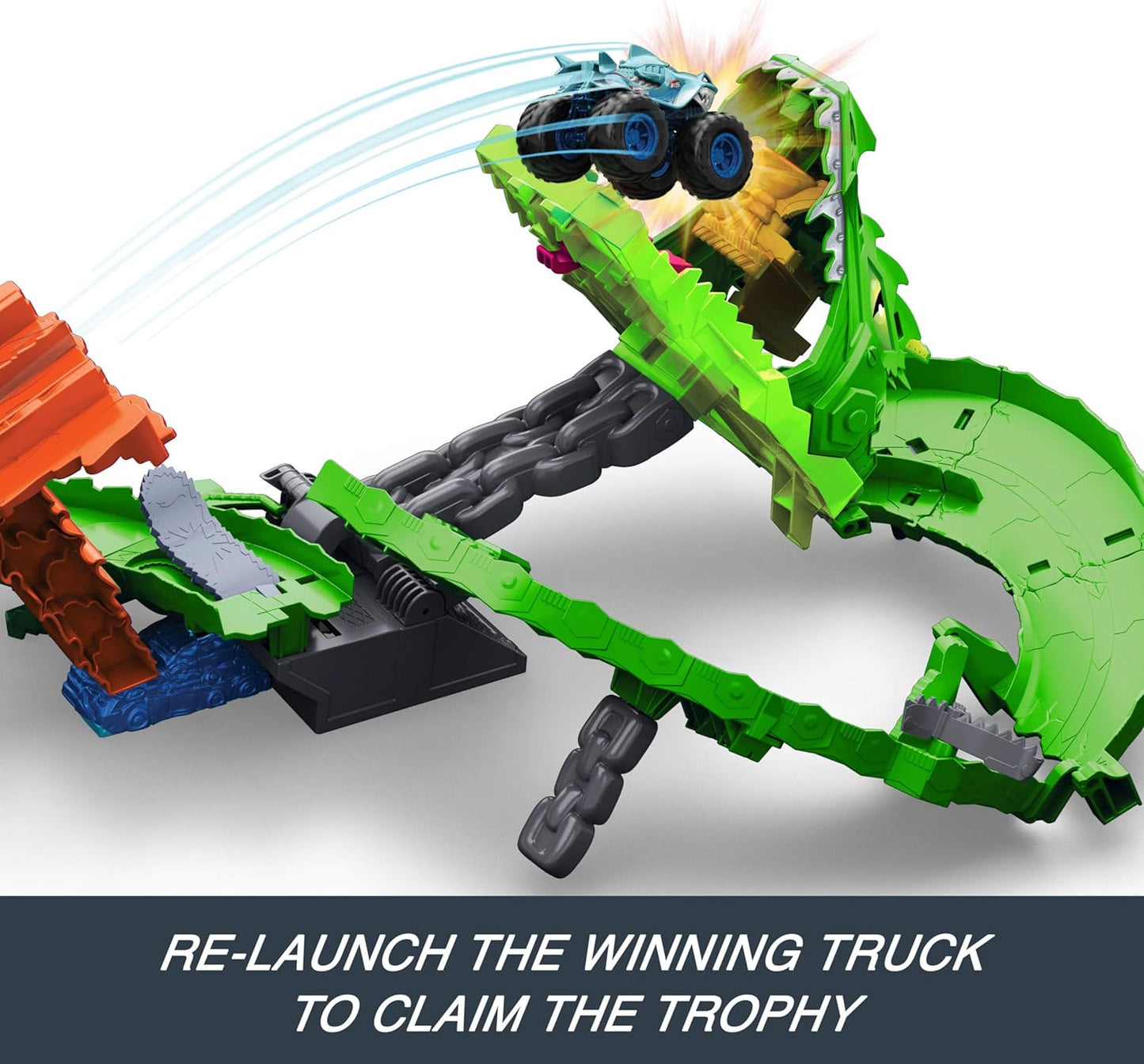 Hot Wheels Toy Monster Trucks, Sharks vs. Dinos Dragon Destruction Playset com Great Bite e Rageasaur em escala 1:64, Corrida para Derrotar o Ciborgue Nêmesis, JGB06