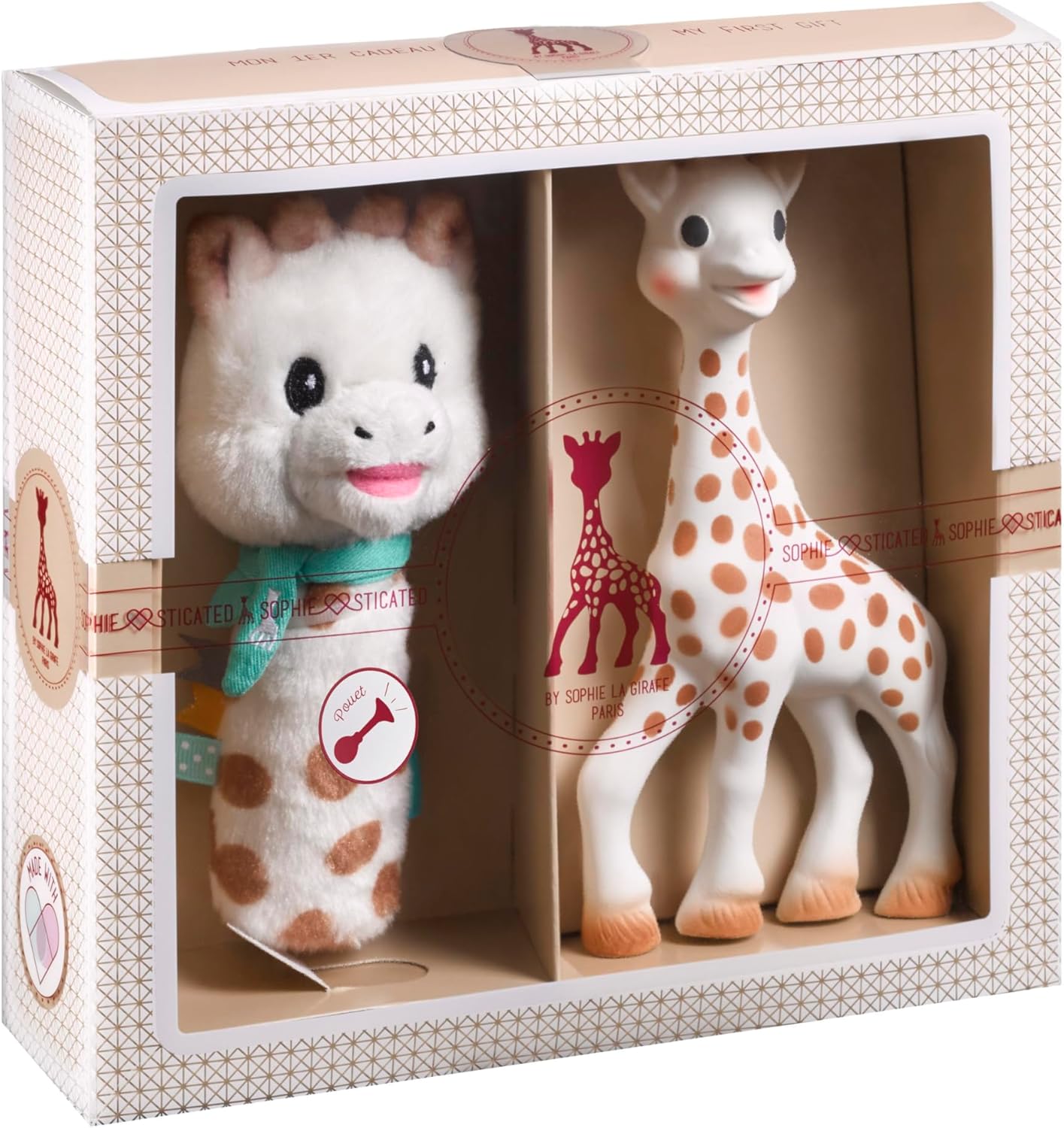 Sophie la girafe Conjunto de presente Sophiesticated Original com chocalho macio, brinquedo de dentição para bebês 100% em borracha natural, caixa de presente com sacola e cartão.