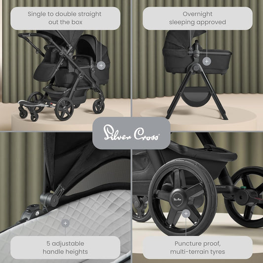 Silver Cross - Carrinho de passeio simples a duplo Wave - Carrinho de bebê 2 em 1 - Buggy duplo estreito - Compatível com assento de carro - Recém-nascido a 4 anos (22kg) - Onyx