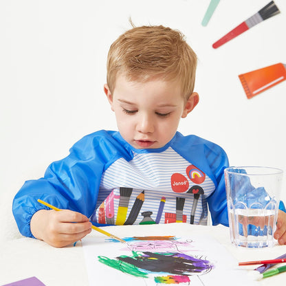 Janod - Pincéis - 4 tamanhos diferentes - Pincéis, Janod - Tintas para dedos para bebês a partir de 1 ano, Janod - Paleta de tinta à base de água - 12 almofadas e pincel, Janod - Avental de pintura infantil a partir de 18 meses