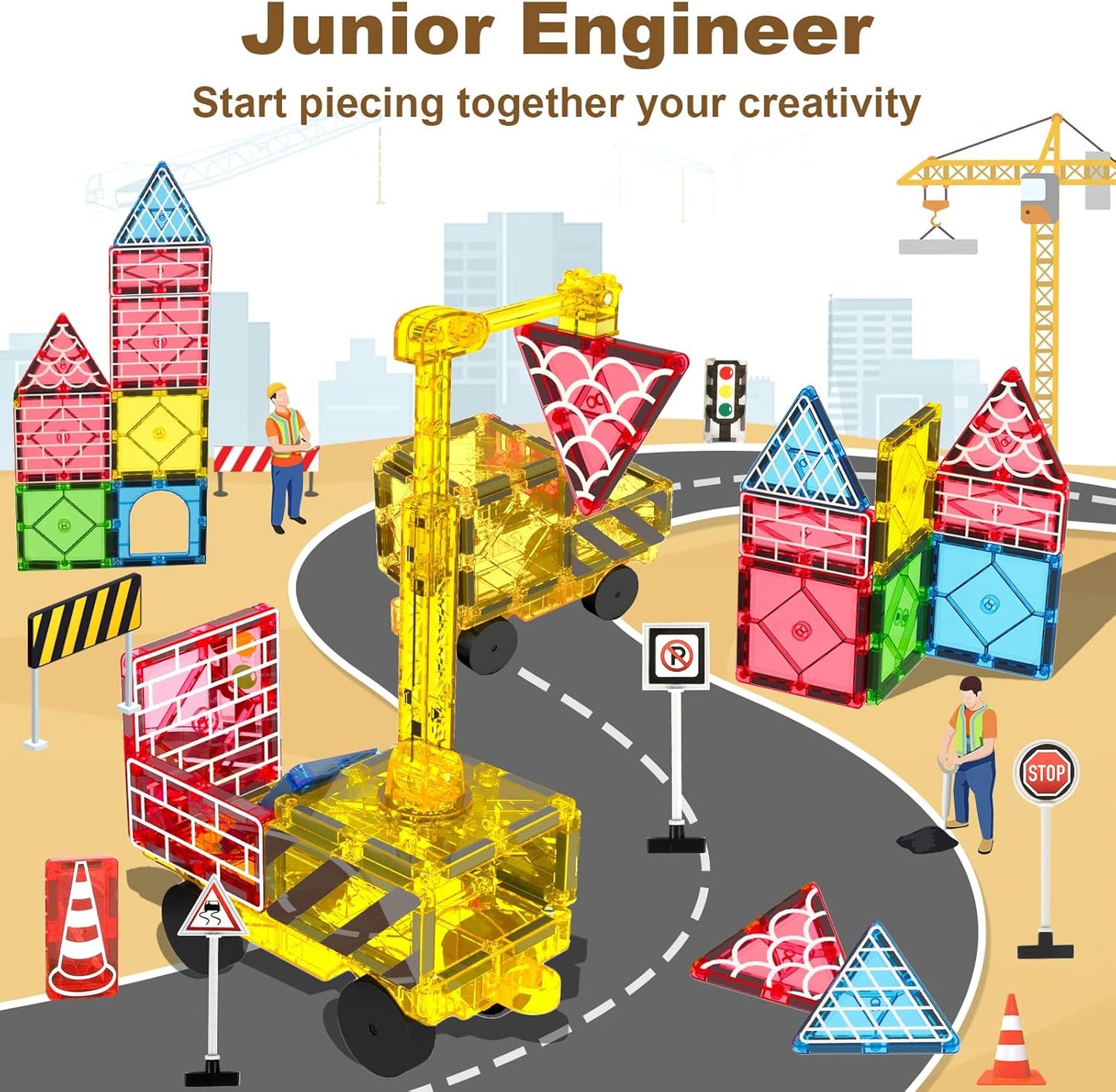 Conjunto de Estradas com Peças Magnéticas e Guindaste Magnético Extensível para Crianças - Brinquedo Educativo STEM de Construção Urbana para Meninos e Meninas de 3 a 8 Anos ou Mais, Brinquedo Criativo de Construção, Ideia Ideal para Aniversário (A)