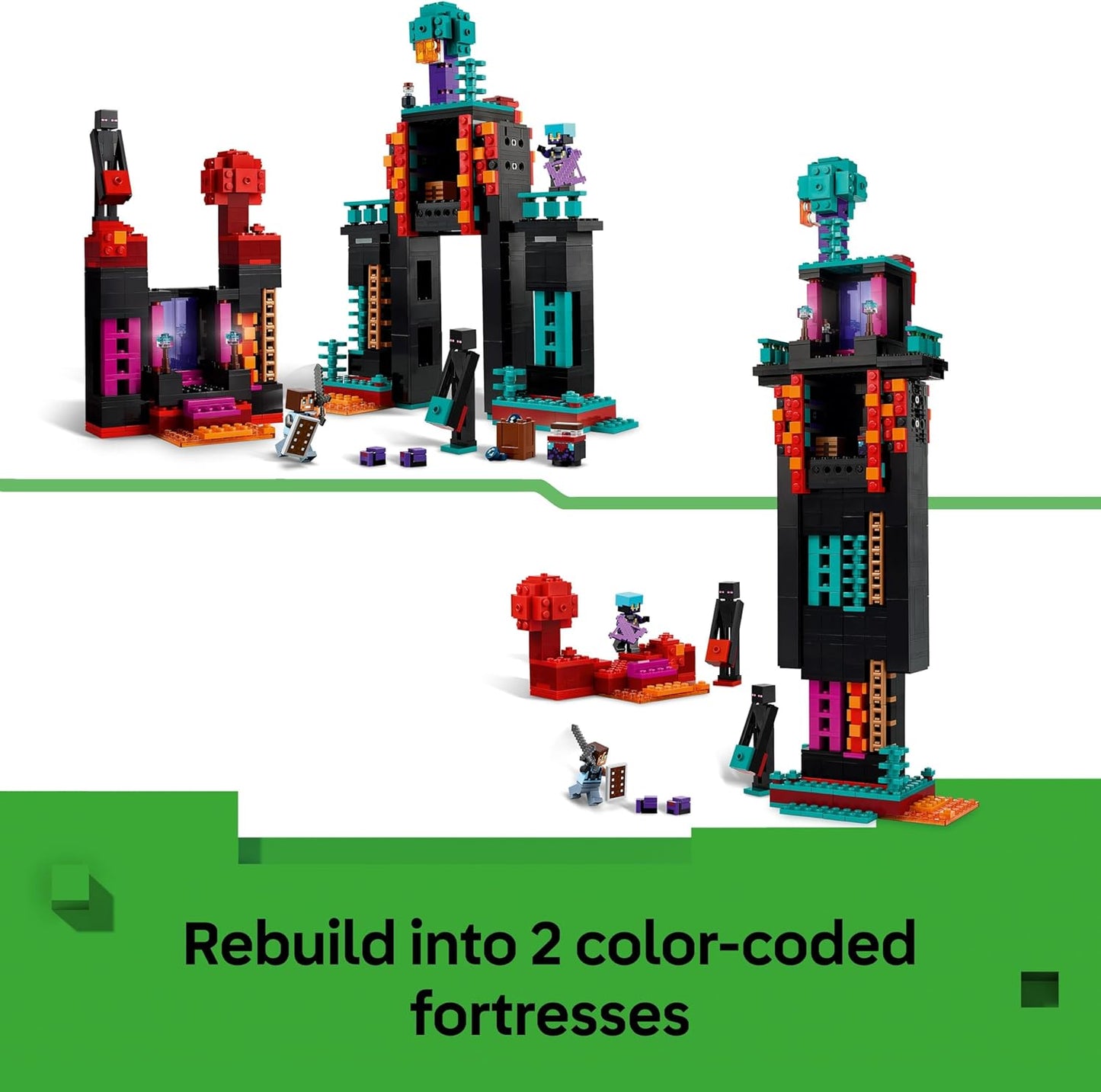 LEGO Minecraft 2 em 1 A Torre Enderman - Brinquedo Modular que Pode Ser Reconstituído em 2 Fortalezas, Incluindo Figuras do Enderman, Endermate e Portal do Nether - Presente para Meninos e Meninas Fãs de Jogos - 21279