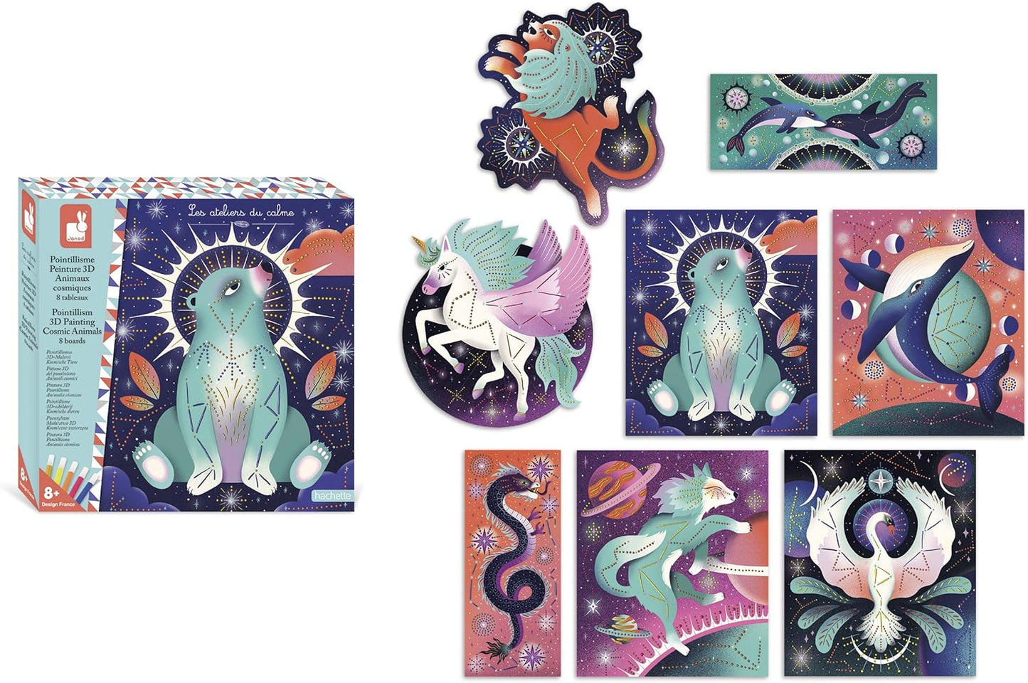 Janod - Conjunto de 8 pranchas de pintura em relevo com efeitos 3D - Cores pontilhadas e 5 DIY - Les Ateliers Du Calme - Kit de lazer criativo infantil - A partir de 8 anos - J09168