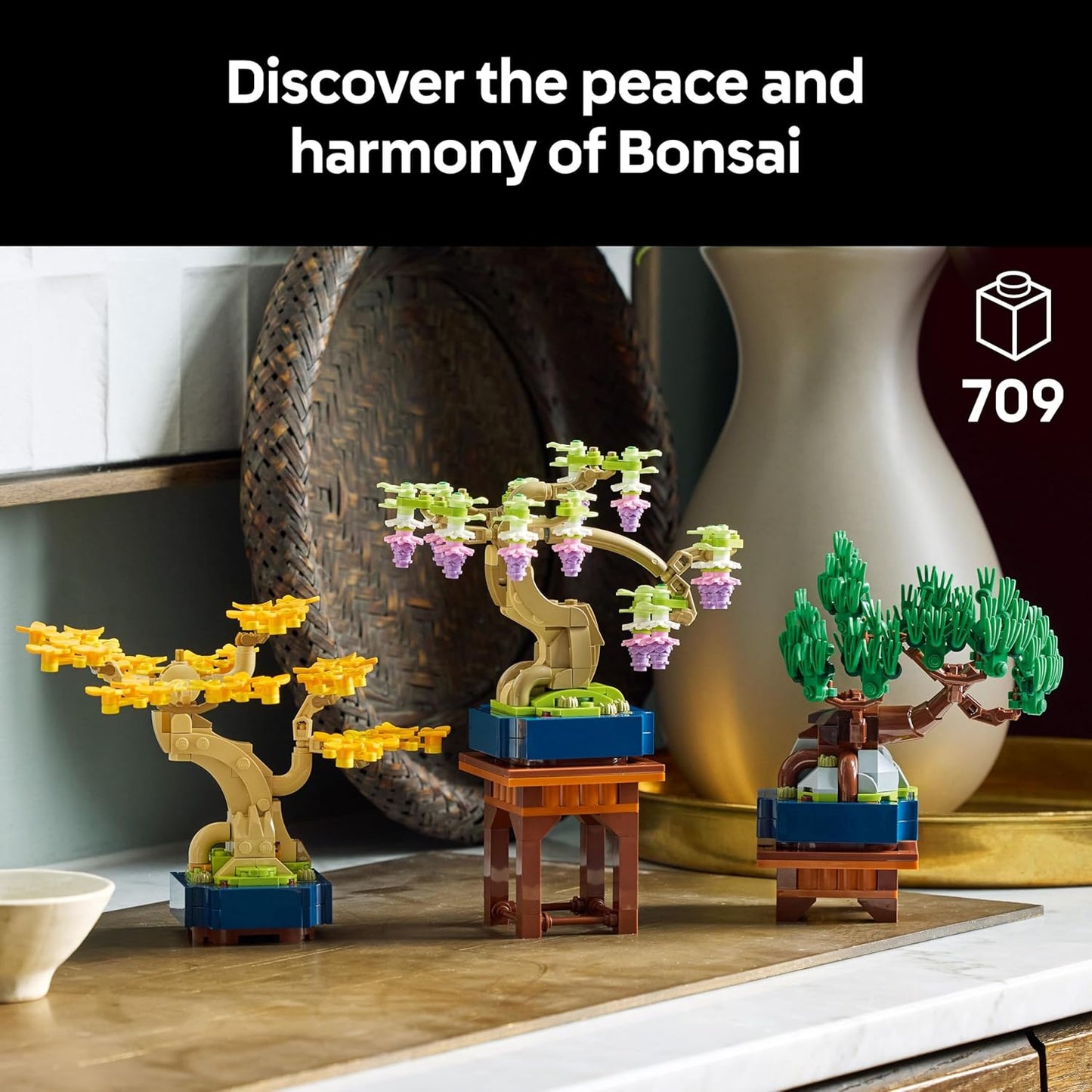 LEGO Botanicals Mini Bonsai Trees - Ginkgo, Pinheiro Negro e Glicínia - Plantas Artificiais com Suportes de Exibição - Kit de Modelo para Decoração de Casa - Presente para Adultos - 10373