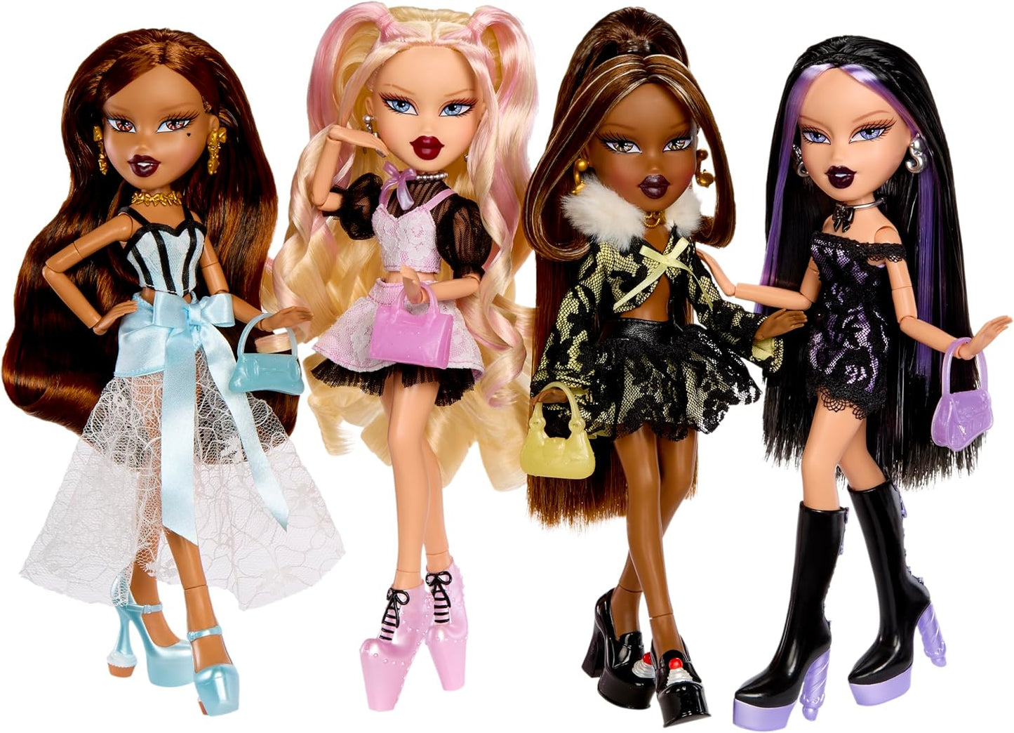 Bratz Boneca Stylin’ Birthdayz – Jade com roupa de festa (camiseta roxa de cetim e botas pretas), camiseta com estampa, embalagem temática de aniversário – Coleção Stylin’ Birthdayz