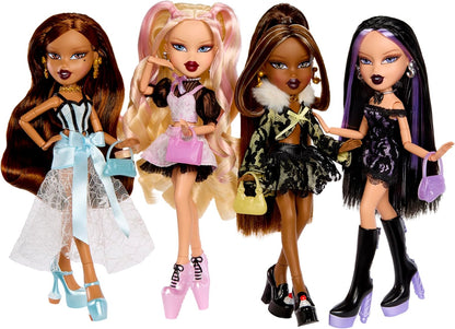 Bratz Boneca Stylin’ Birthdayz – Jade com roupa de festa (camiseta roxa de cetim e botas pretas), camiseta com estampa, embalagem temática de aniversário – Coleção Stylin’ Birthdayz