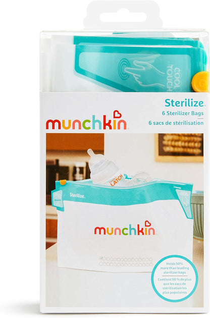 Munchkin  Sacos esterilizadores de micro-ondas Cool Touch, tetina de mamadeira e esterilizador manequim, alternativa de 6 unidades de esterilização de água fria reutilizáveis, mini viagem