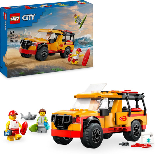 LEGO Brinquedo de caminhão de resgate de praia City Lifeguard com 2 minifiguras e uma figura de tubarão - Conjunto de construção para meninos e meninas com mais de 6 anos - Presentes para crianças que amam a praia