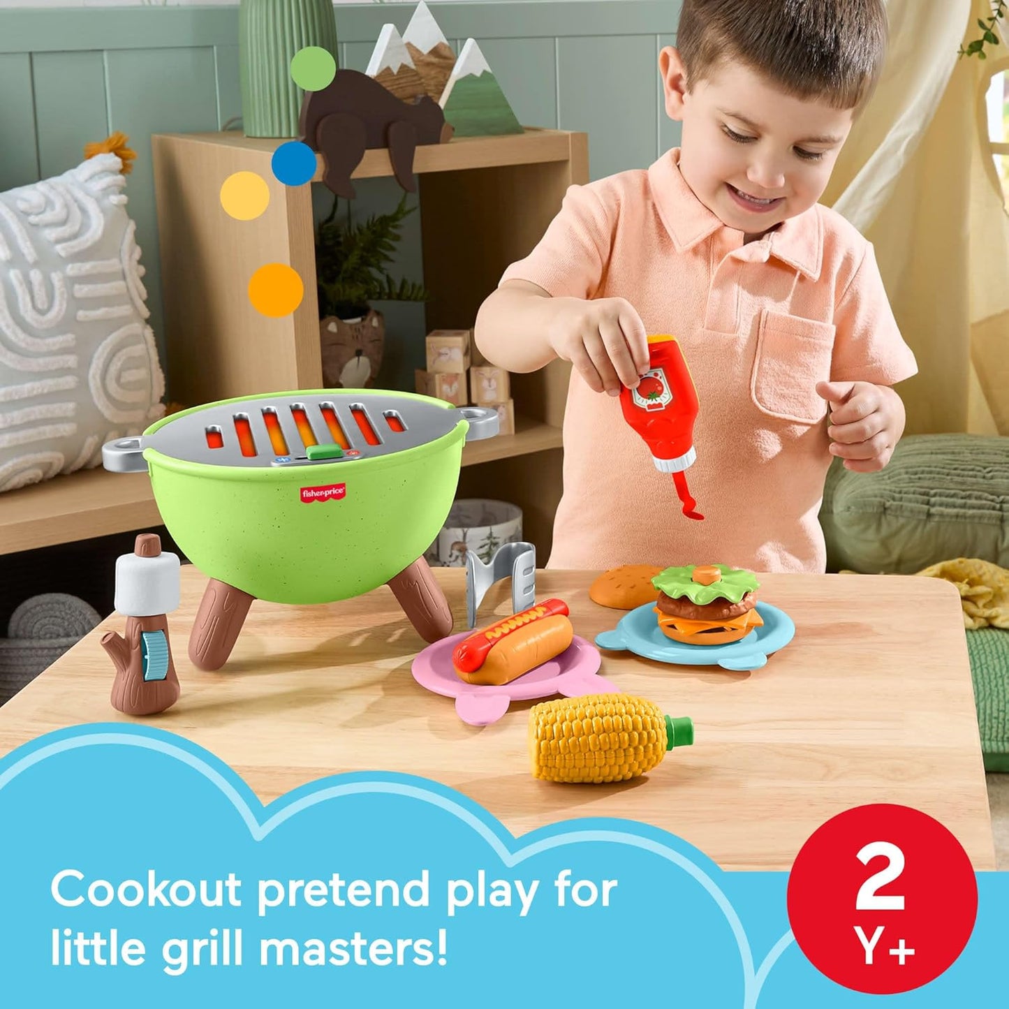 Fisher-Price Brinquedos para Crianças Pequenas - Churrasqueira de Atividades da Floresta da Amizade, Conjunto de 14 Peças de Comida para Brincar de Faz de Conta para Crianças em Idade Pré-escolar a partir de 2 Anos, JLB82