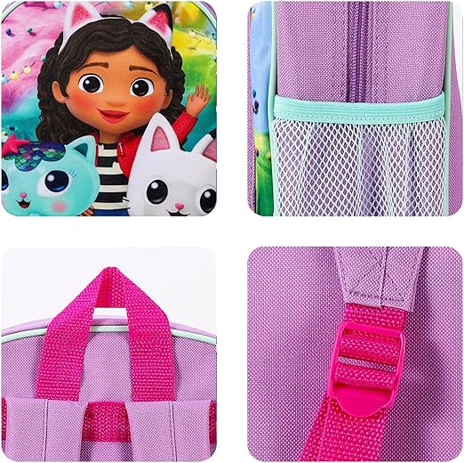 Gabby's Dollhouse Mochila infantil premium para escola, viagem e para meninos e meninas, com bolso lateral em tela e bolso frontal com zíper.