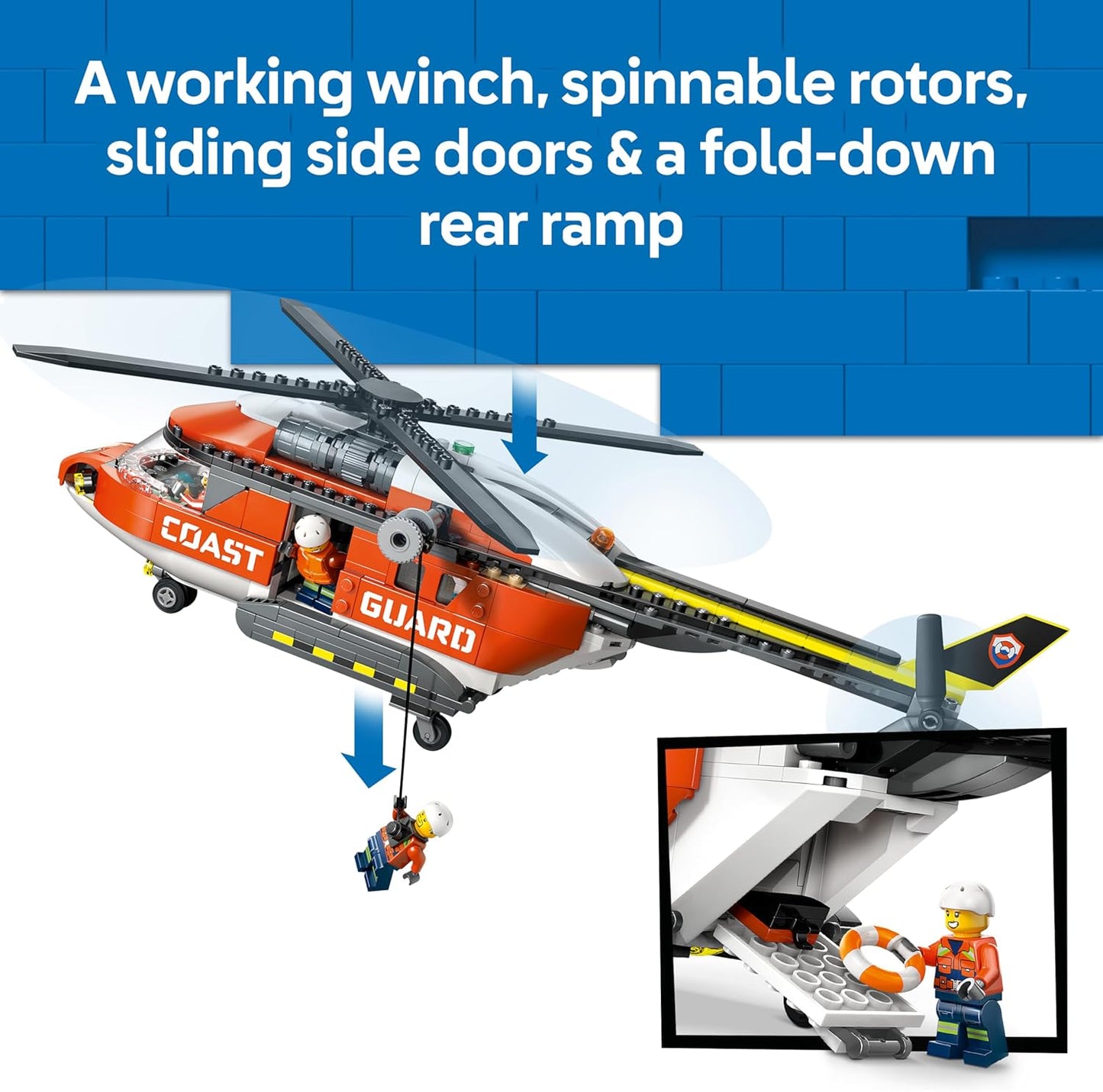 LEGO City Helicóptero da Guarda Costeira - Kit de Modelo de Veículo de Emergência com Portas Deslizantes, Guincho, 4 Minifiguras e Figura de Tubarão - Presente de Aniversário para Meninos a partir de 7 Anos - 60503