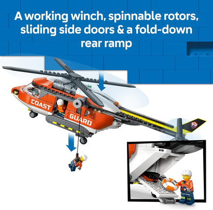 LEGO City Helicóptero da Guarda Costeira - Kit de Modelo de Veículo de Emergência com Portas Deslizantes, Guincho, 4 Minifiguras e Figura de Tubarão - Presente de Aniversário para Meninos a partir de 7 Anos - 60503