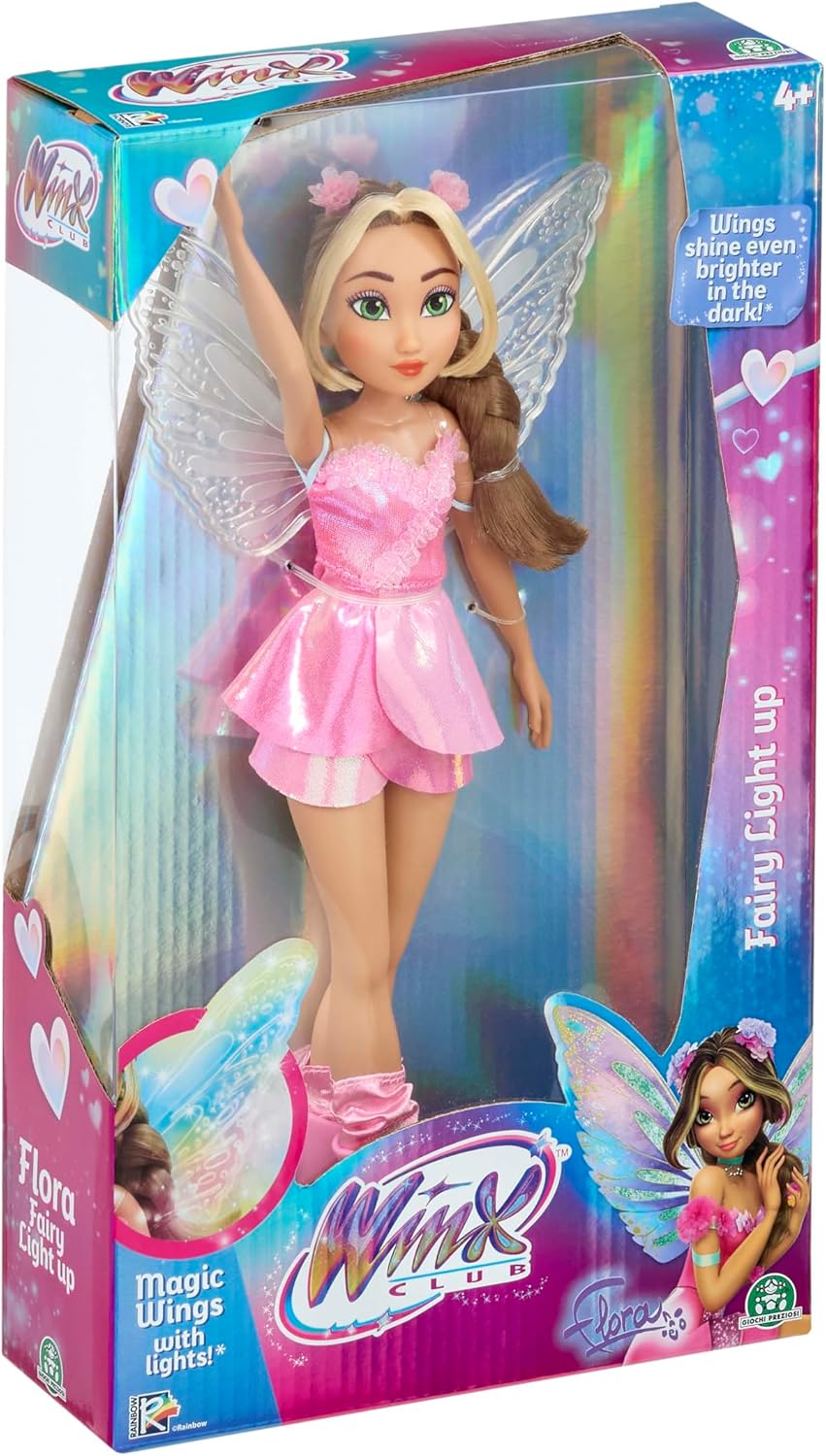 Winx Boneca Fairy com Asas Iluminadas – Flora com Roupa Brilhante e Asas Luminosas – Boneca Fashion de 27 cm com Membros Articulados – Asas Iluminadas Interativas para Brincadeiras