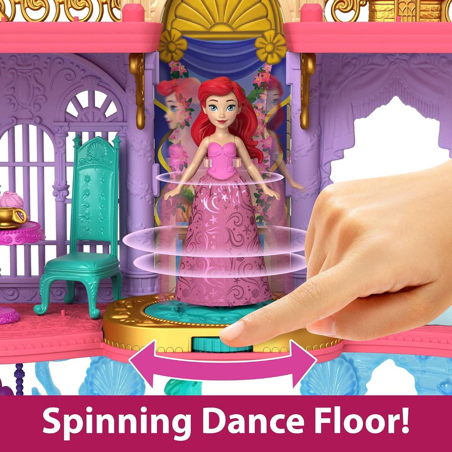 Mattel Castelo Terra e Mar da Ariel (Disney Princess) da – Inclui boneca Ariel com cabelo ruivo e cauda de sereia que muda de cor, peixinho Linguado, piscina e 10 acessórios; brinquedo para crianças a partir de 3 anos (Playset HLW95)