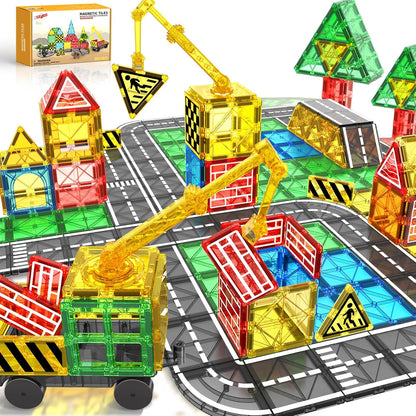 Magnetic Tiles Road Building Blocks - Magnet Crane Car Set for Kids Montessori Preschool STEM Learning Construction Dinosaur Toddler Toys for 3 4 5 6 7 8+ Year Old Boys Girls Christmas Birthday Gifts
