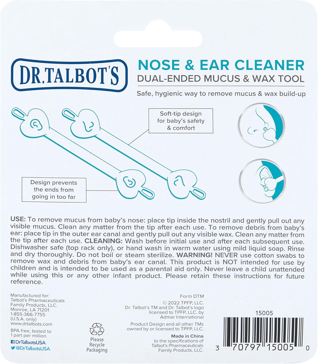 Dr. Talbot's Removedor de cera de ouvido e limpador nasal Safe para bebês - Sem BPA com estojo de viagem - Pacote com 2 - Menino