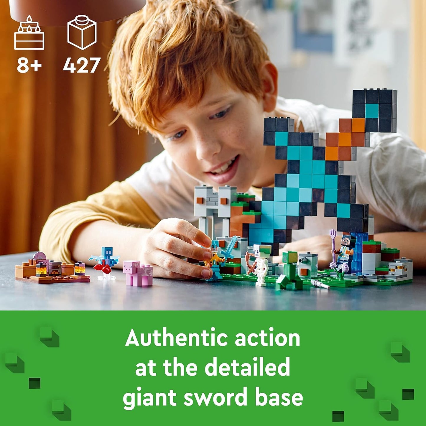 LEGO 21244 Minecraft The Sword Outpost Building Toy para crianças, com figuras de trepadeira, soldado, porco e esqueleto, presente para meninos e meninas com mais de 8 anos 21244