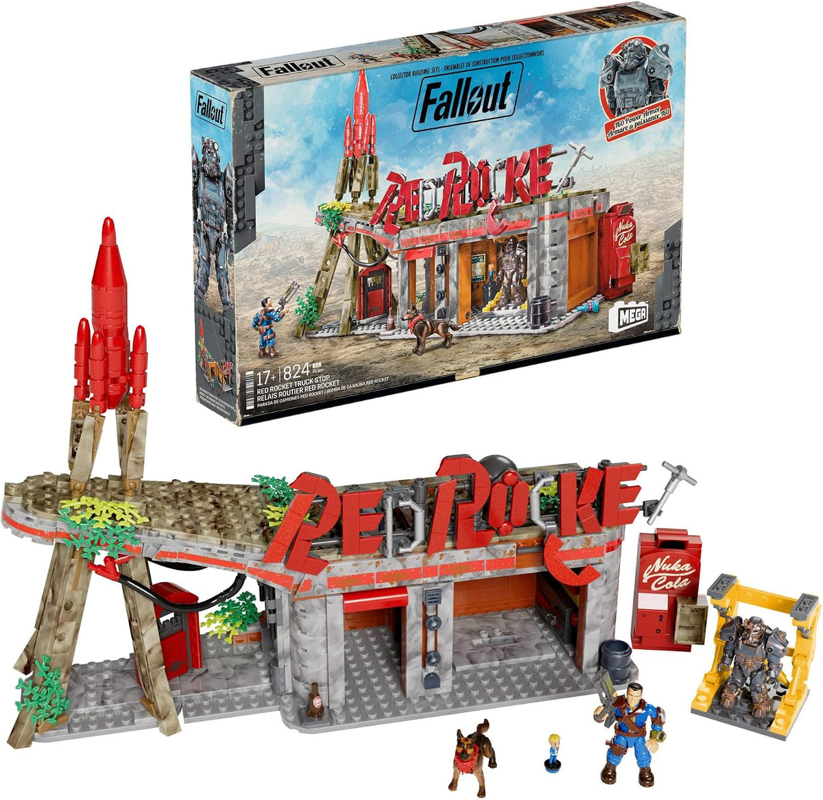 MEGA Brinquedo de Montar Fallout Action Figures – Posto Red Rocket com 824 Peças, 2 Bonecos Articulados e Acessórios, para Colecionadores