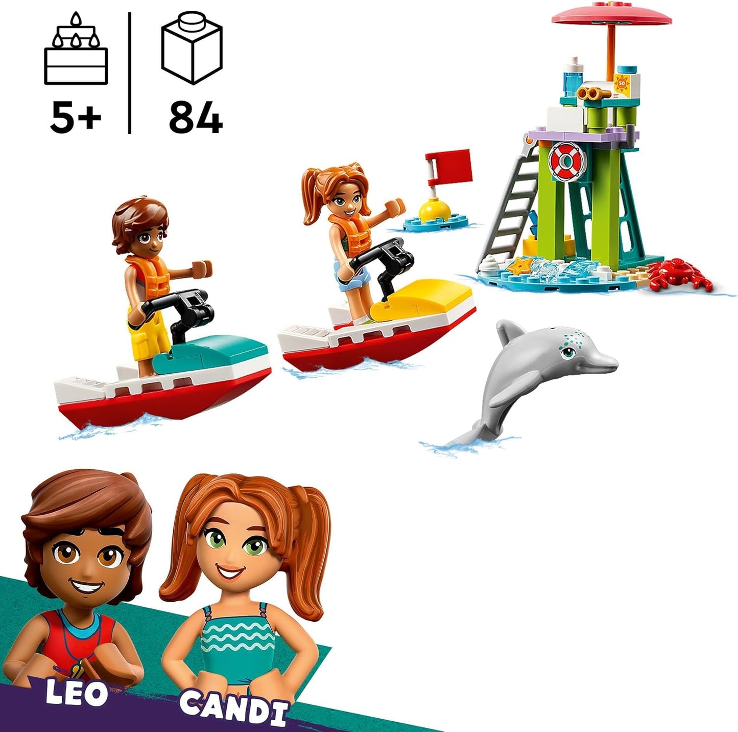 LEGO Friends Beach Water Scooter, conjunto de construção de brinquedos de salva-vidas para meninas, meninos e crianças de 5 anos ou mais, com 2 minibonecas e uma figura de golfinho para brincadeiras imaginativas, ideia de presente de aniversário 42623