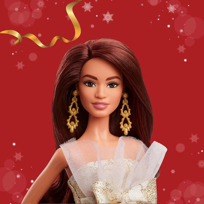 Barbie Signature, Boneca Fashion de Cabelo Preto para as Festas de Fim de Ano de 2025, Vestindo Vestido Prateado e Dourado, Brinquedo Colecionável Sazonal em Embalagem Exibível, JBJ01