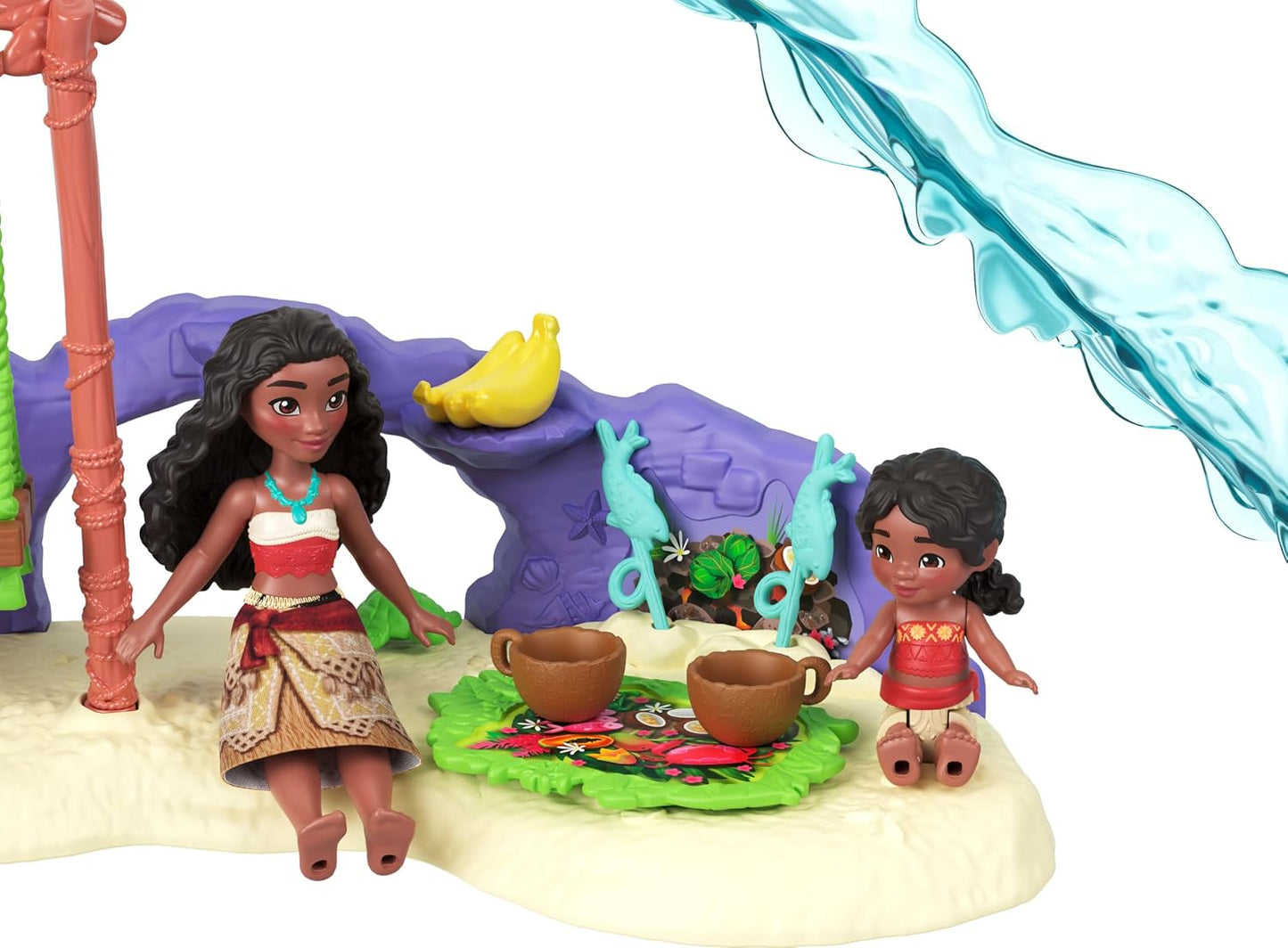 Mattel Brinquedos Disney Moana 2: Conjunto Aventura na Ilha da Moana com bonecas pequenas da Moana e da Simea, 2 personagens amigos, 5 áreas de brincar e 8 acessórios (JFF12)