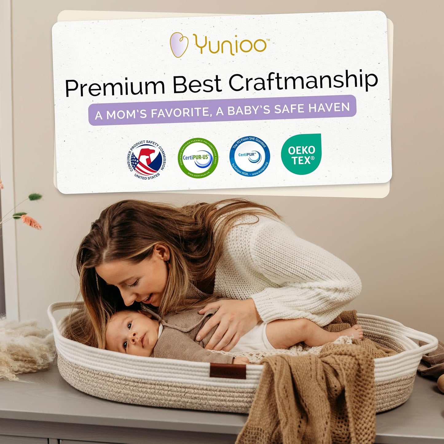 Yunioo Cesta de troca de bebê de luxo com trocador extra de viagem, trocador portátil premium com capa ultramacia, cesta de bebê de corda de algodão, trocador para cômoda