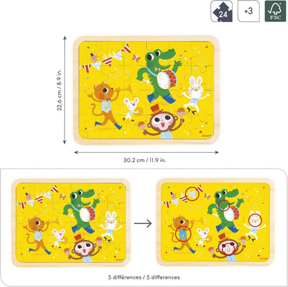 Janod - Quebra-cabeça de Madeira 24 Peças Infantil a partir de 4 anos - Modelo incluso + Jogo dos 5 Erros no Tabuleiro - Desenvolve Concentração e Observação - Produto FSC - J07125, Amarelo