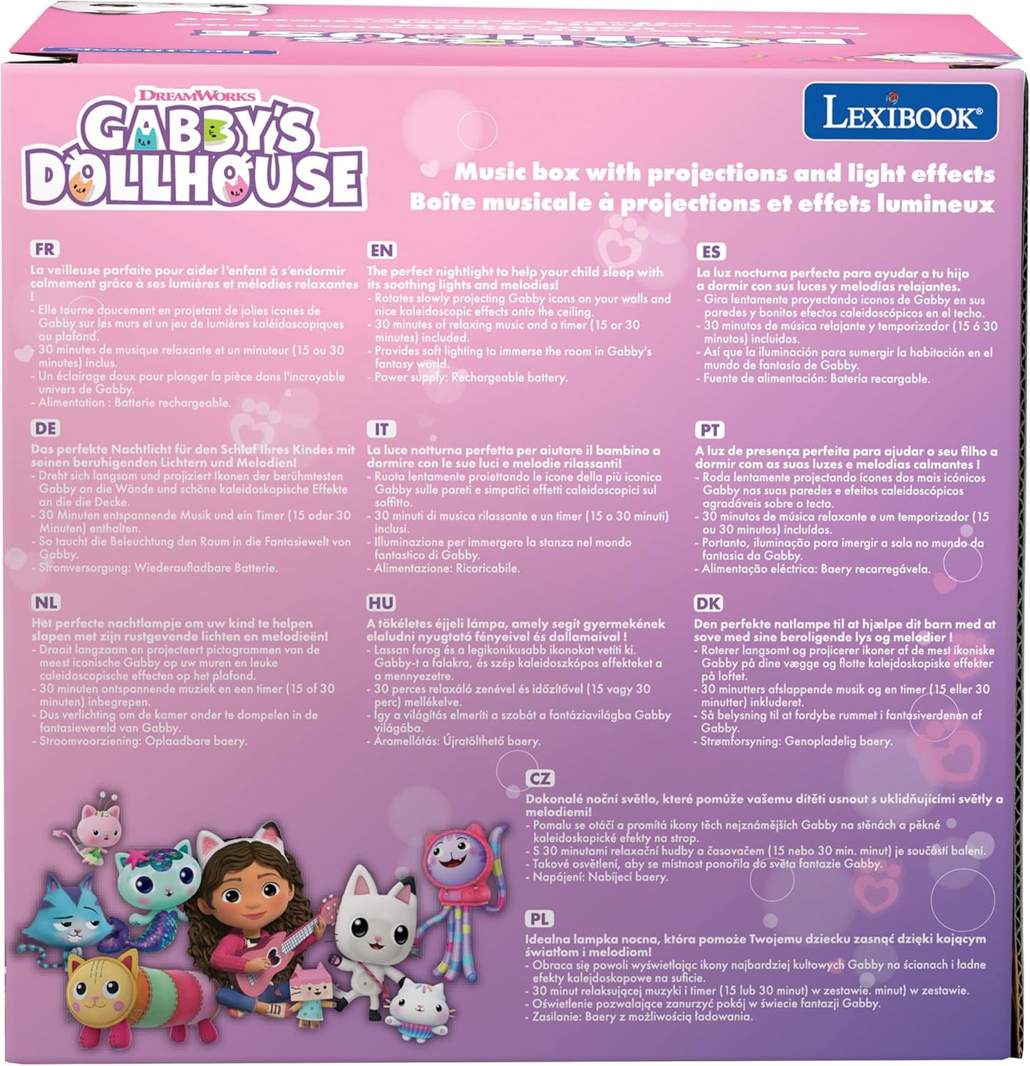LEXIBOOK, Casa de Bonecas da Gabby, Luz noturna com alto-falante, Projeções da série de TV Casa de Bonecas da Gabby, Luzes caleidoscópicas no teto, Alto-falante com entrada auxiliar, Recarregável, NLJ035GDH