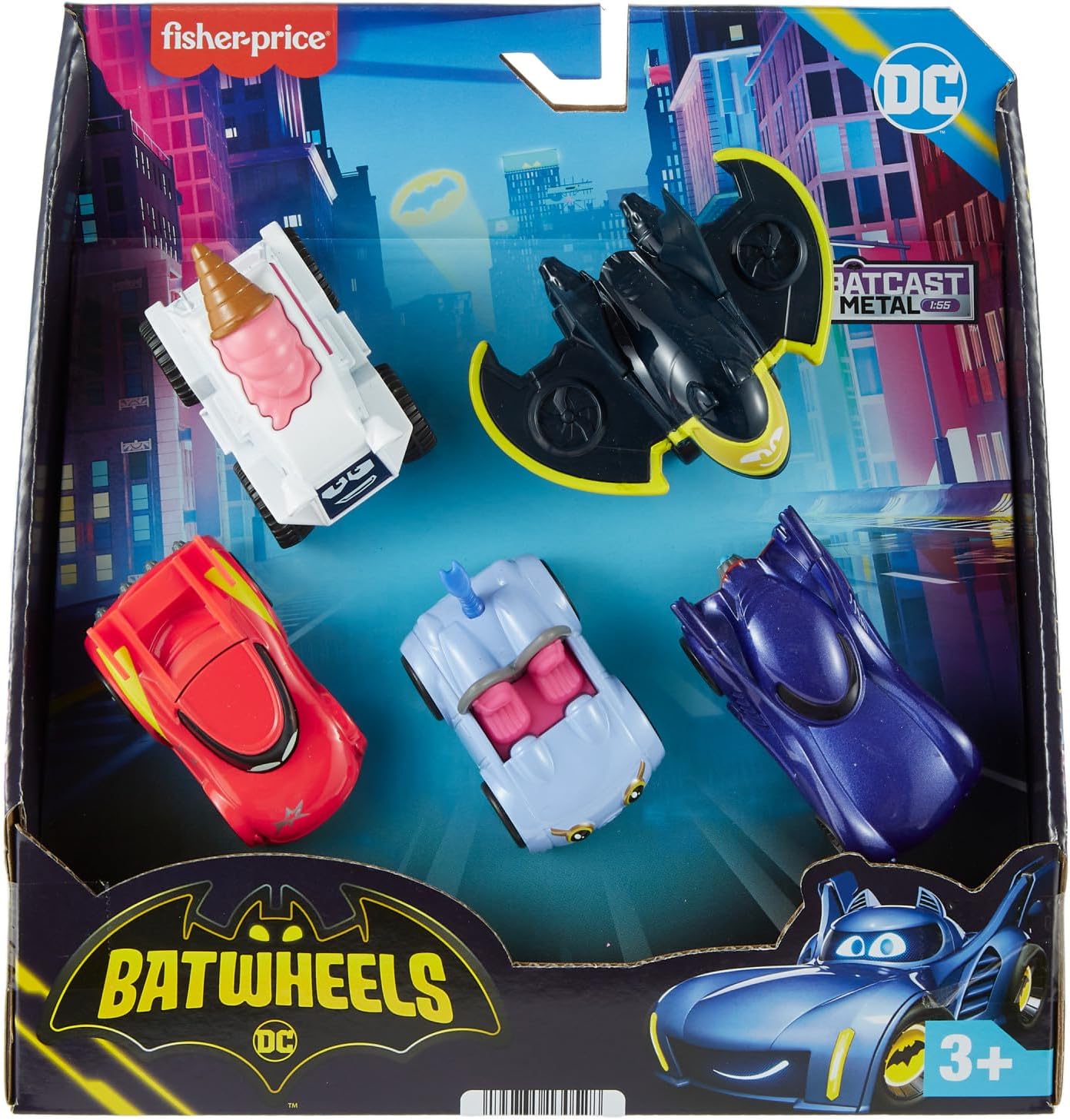 Conjunto de 5 carrinhos de brinquedo Fisher-Price DC Batwheels em escala 1:55: Bam, Batmóvel, Redbird, Kitty, Snowy e Batwing. Veículos de metal fundido Batcast. Para crianças a partir de 3 anos. HML20