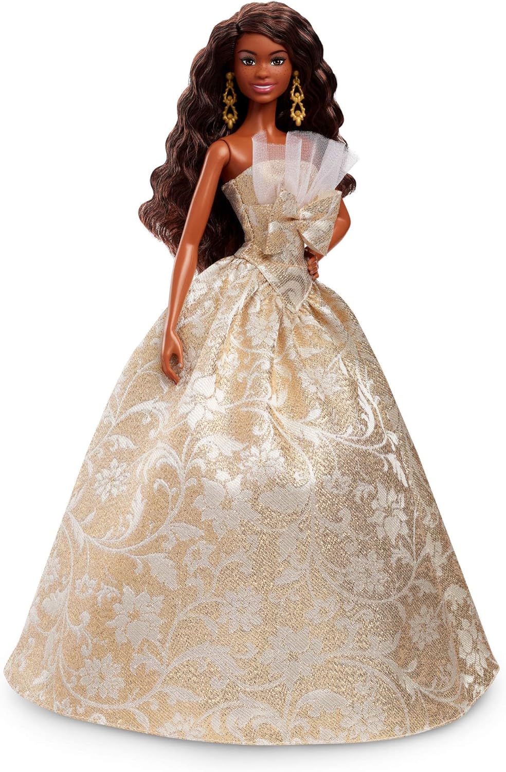 Barbie Signature, Boneca Fashion de Cabelo Preto para as Festas de Fim de Ano de 2025, Vestindo Vestido Prateado e Dourado, Brinquedo Colecionável Sazonal em Embalagem Exibível, JBJ01