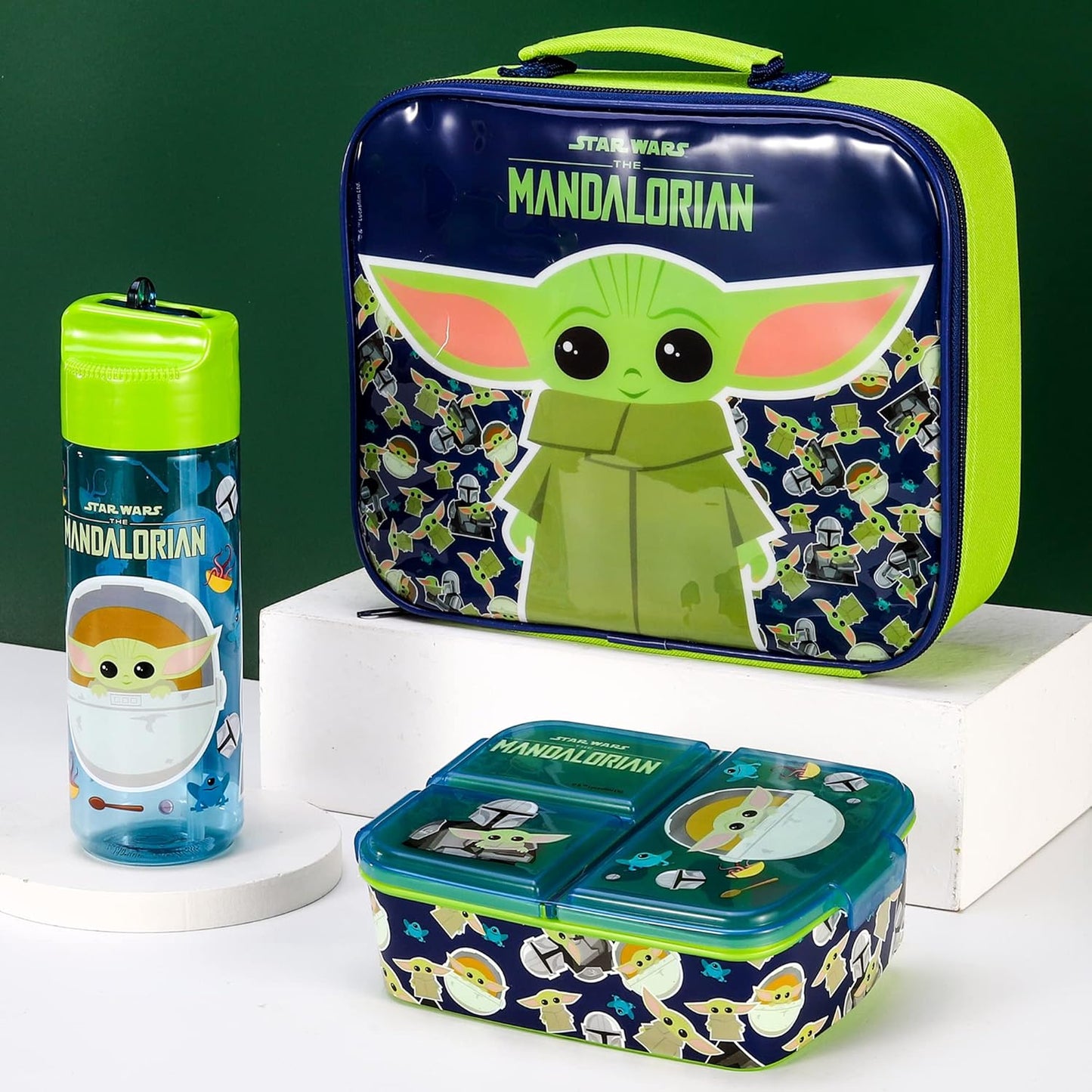 Zawadi Global Conjunto de lancheira infantil Star Wars Mandalorian Kids - lancheira isolada, lancheira com vários compartimentos e garrafa de água de 540 ml - conjunto de comida para almoço de viagem escolar,