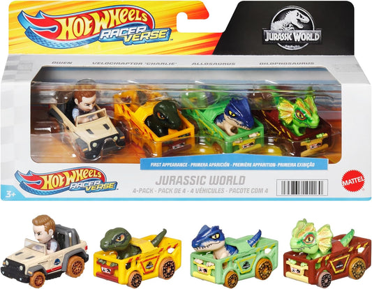 Hot Wheels Toy Cars, RacerVerse, paquete de 4 vehículos fundidos a presión con los personajes de Jurassic World Charlie, Owen, Dilophosaurus y Allosaurus como conductores, HKD32