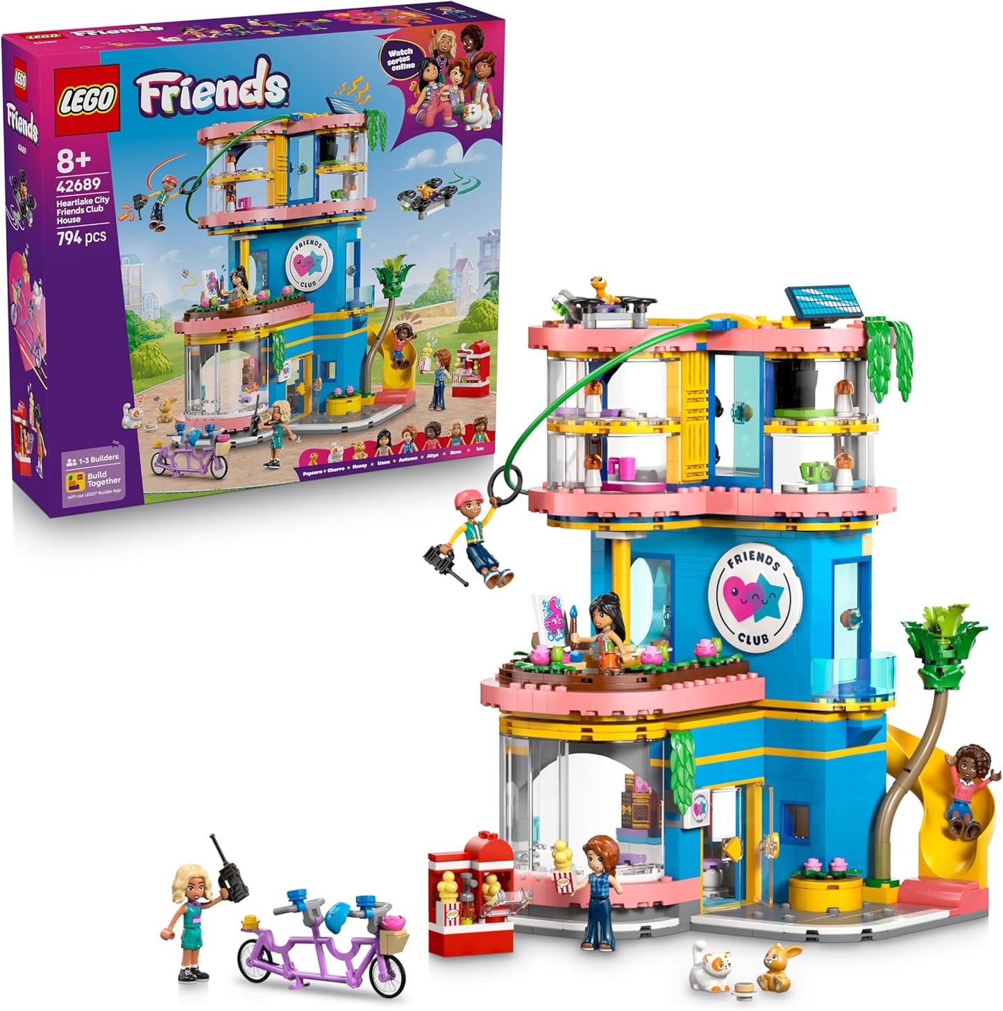 LEGO Friends Heartlake City Friends Club House Brinquedo - Conjunto em Miniatura com 5 Mini Bonecas, 3 Figuras de Animais de Estimação, incluindo Gato de Brinquedo, e Acessórios - Presente de Aniversário para Meninas a partir de 8 Anos - 42689
