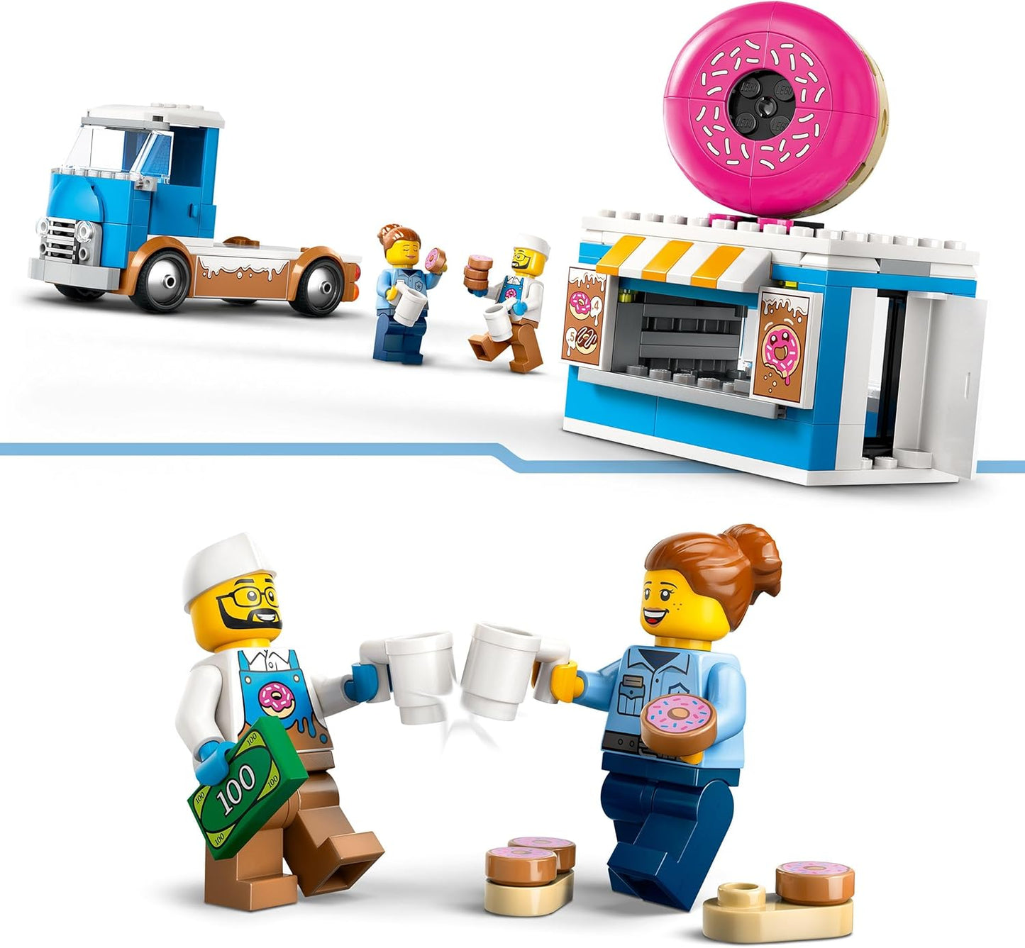 LEGO Brinquedo de caminhão Donut City com 2 minifiguras - Brinquedos de construção criativos para meninos e meninas com mais de 5 anos - Barraca móvel de comida com acessórios - Ideias divertidas de presentes para aniversários