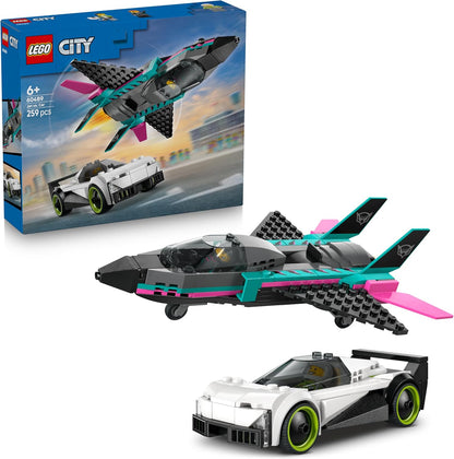 LEGO City Jato vs. Carro - Kit de Construção com Avião, Supercarro e Minifiguras de Piloto e Motorista - Ideia de Presente de Aniversário Criativa para Meninos a partir de 6 Anos - 60489