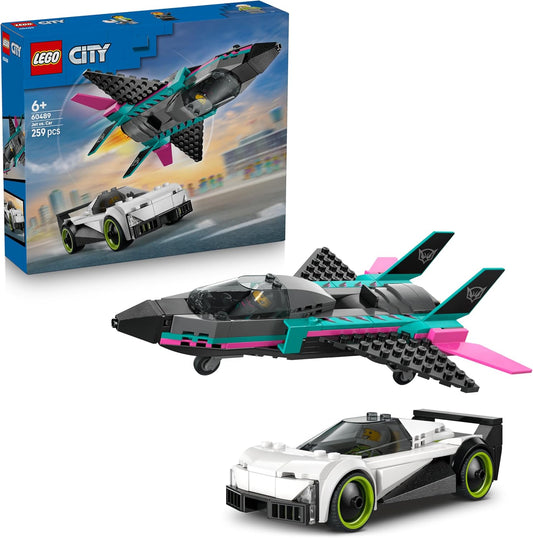 LEGO City Jato vs. Carro - Kit de Construção com Avião, Supercarro e Minifiguras de Piloto e Motorista - Ideia de Presente de Aniversário Criativa para Meninos a partir de 6 Anos - 60489