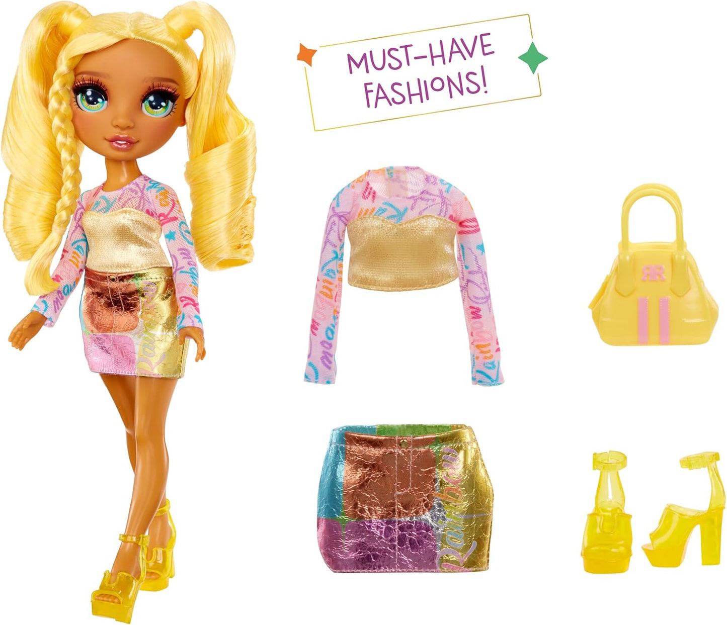 Boneca Rainbow High My Fashion Style - Sunny - Boneca Fashion Amarela de 28cm com Roupa Estilosa e Bolsa Elegante, Brincalhona, Articulada, Colecionável, Para Crianças de 4 a 12 Anos ou Mais