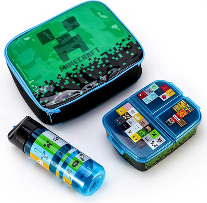 Zawadi Global Conjunto de lancheira infantil Minecraft Kids - lancheira isolada, lancheira com vários compartimentos e garrafa de água de 540 ml - conjunto de comida para almoço de viagem escolar, sem BPA