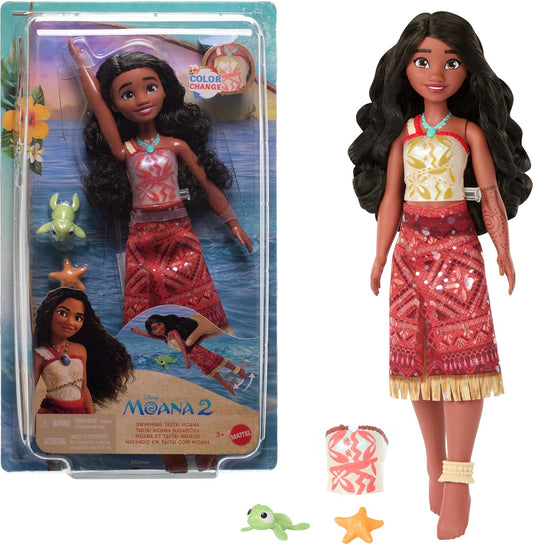 Mattel Boneca Disney Moana 2 Tautai Moana (Versão Aquática) com Acessórios | Boneca Moana com Traje Característico, Corpete que Muda de Cor, Pernas que se Movem (Movimento de Natação) e Amigo Animal – Inspirada no Filme, JFF08