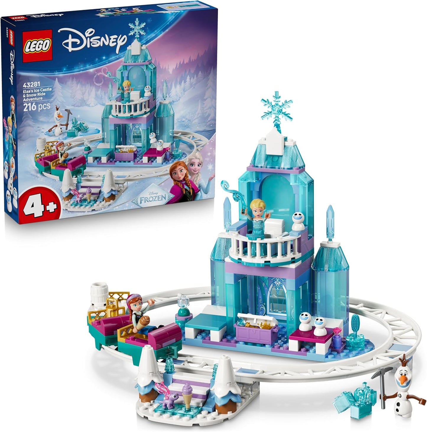 LEGO | Castelo de Gelo e Passeio na Neve da Elsa de Frozen da Disney - Inclui Mini Bonecas da Anna e da Elsa, Figura do Olaf, Trilho de Trem e Carrinhos de Neve - Presente para Meninas a partir de 4 Anos - 43281