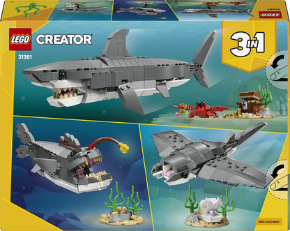 LEGO Creator 3 em 1 Tubarão Feroz com Baú do Tesouro - Figura de Animal Marinho que se Transforma em Peixe-diabo ou Arraia-manta - Ideia de Decoração para Quarto de Meninos e Meninas a partir de 8 Anos - 31381