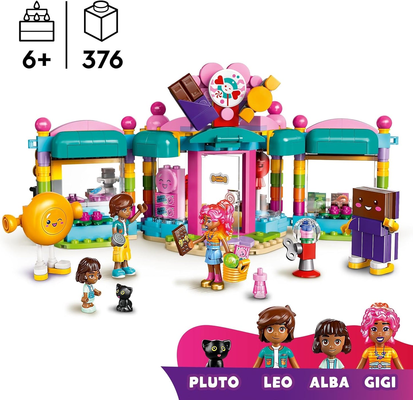 LEGO Friends Heartlake City Sweet Shop Set, Creative Learning Toy for Kids, with 2 Mini Dolls, a Micro Doll and a Pet Cat Figure, Birthday Gift
