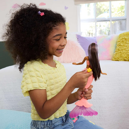 Barbie Mermaid Toy Dolls with Surprise Magic Blooming Flowers Feature, Ombre Tails, Pearl Headband Accessory & Long Brown Hair with Purple Highlights, JDM73