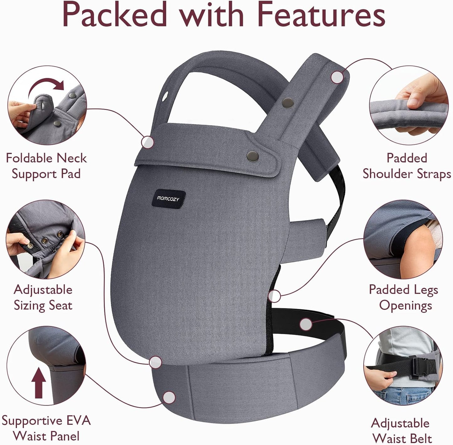 Momcozy Canguru - Canguru ergonômico, confortável e leve para bebês de 3 a 24 meses, fácil de colocar, ideal para pais com as mãos livres, suporte lombar reforçado, cinza