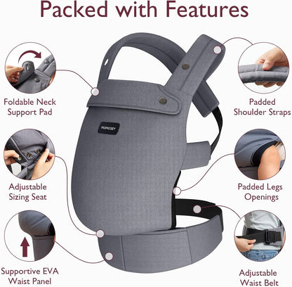 Momcozy Canguru - Canguru ergonômico, confortável e leve para bebês de 3 a 24 meses, fácil de colocar, ideal para pais com as mãos livres, suporte lombar reforçado, cinza